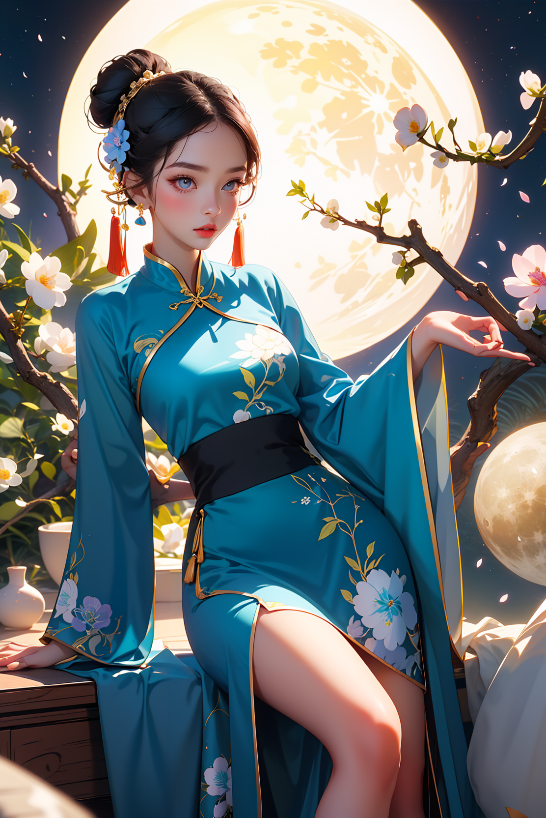 01476-224694155-1girl, flower, hair ornament, solo, long hair, black hair, holding, holding flower, branch, jewelry, chinese clothes, hair bun,.png